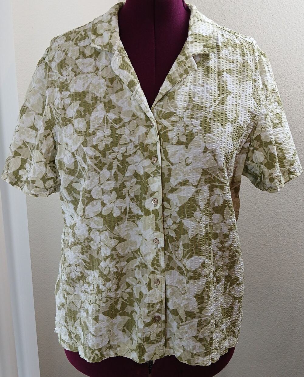 Erika Green Floral Devon Camp Blouse XL SS button up shirt seersucker cotton